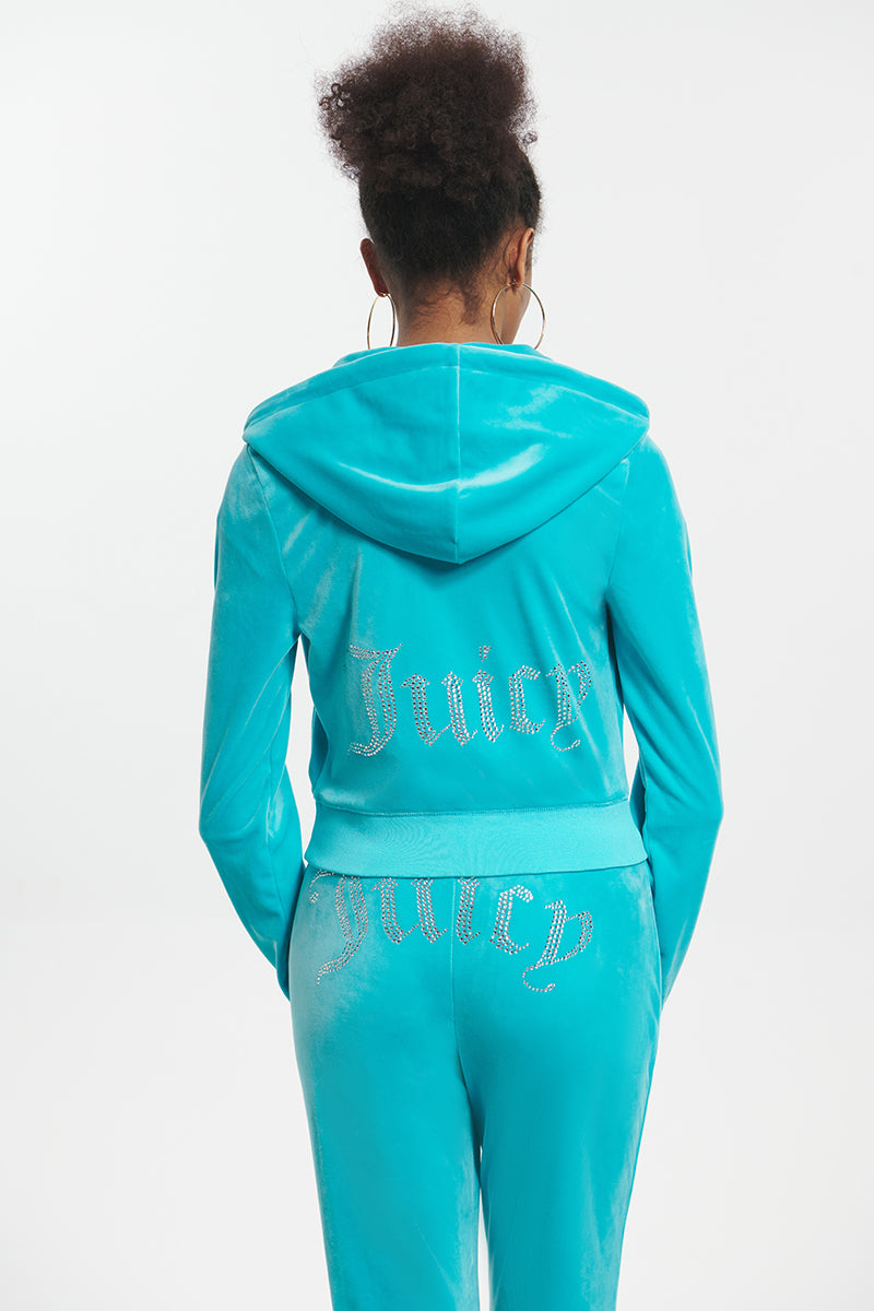 Juicy Couture OG Bling Velour Green Rhinestone Tracksuit Hoodie 2024 ONLY Woman Mediu