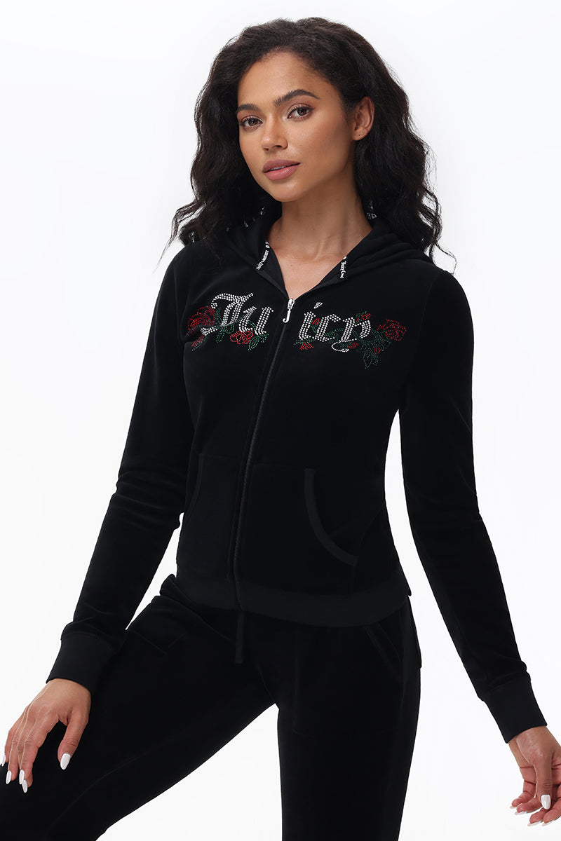 Juicy Couture Women s Juicy Roses Cotton Velour Hoodie Liquorice