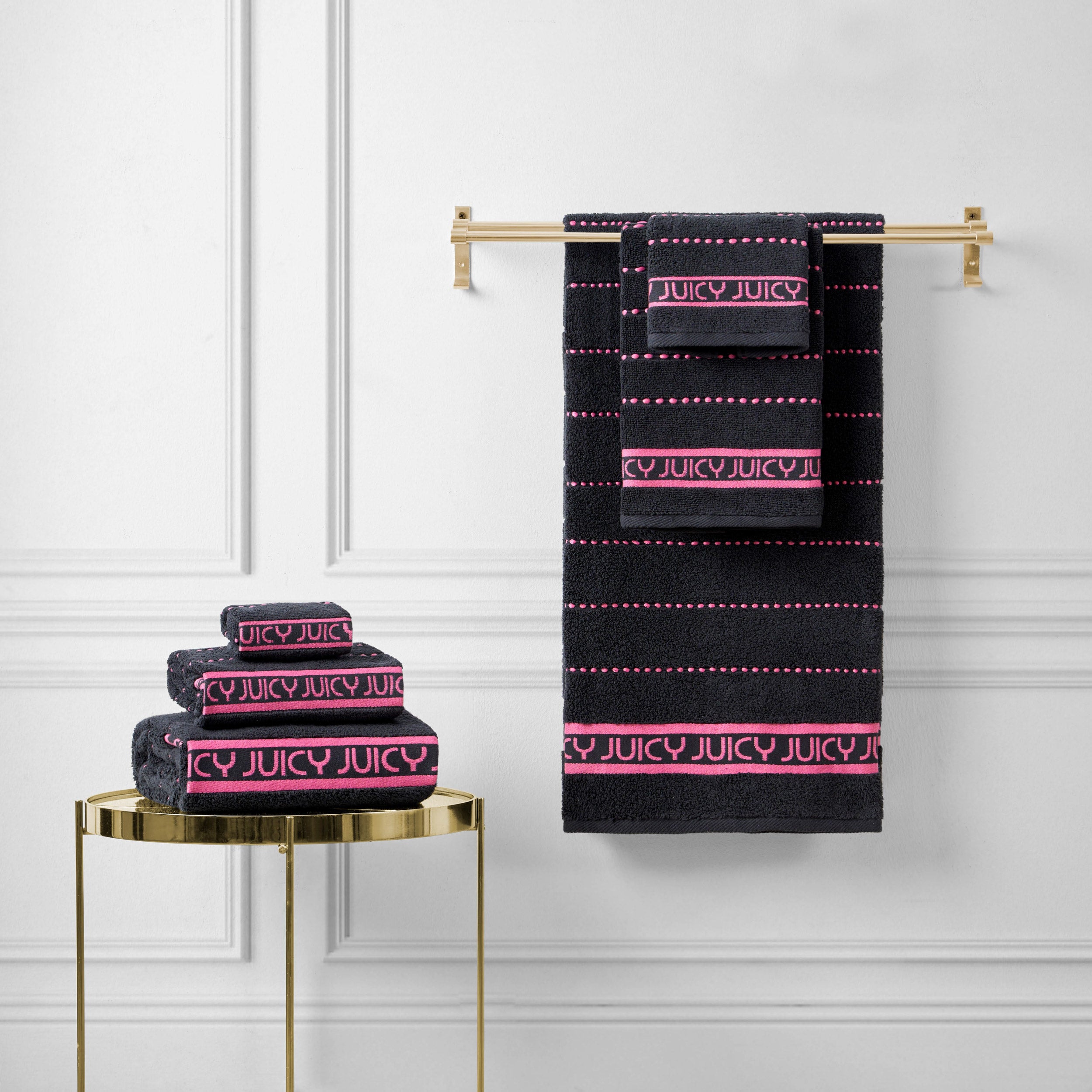 Juicy Couture Bath and Hand Towel 4 pc Set Black Gold 100% Cotton Home Decor selling NWT