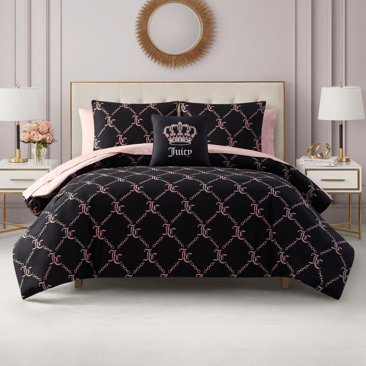 ❌ juicy couture QUEEN 8 piece bedding set - black white high quality pink