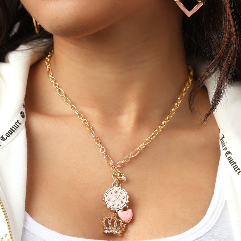 Layered Charm Necklace with Pink Enamel Accents - Juicy Couture