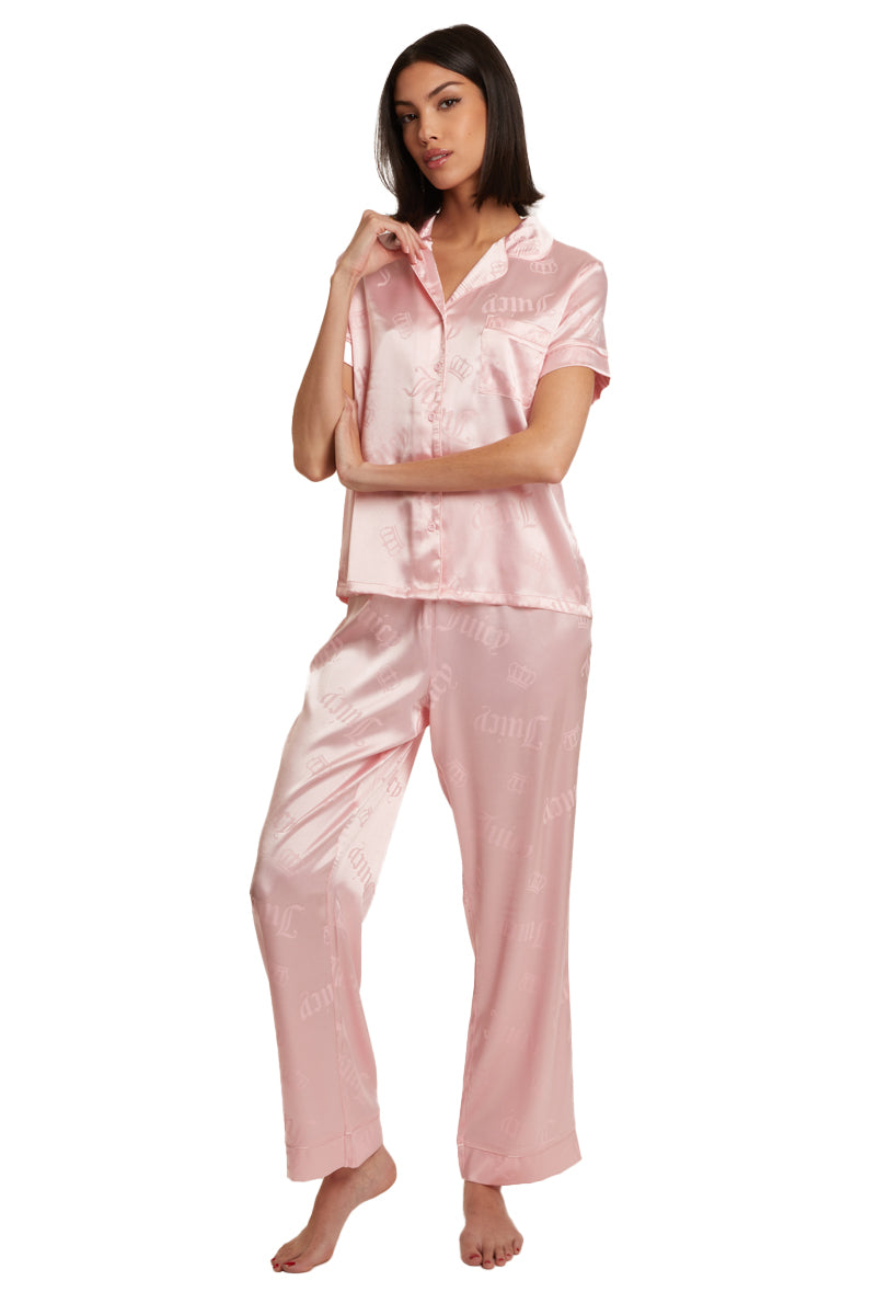 Short Sleeve Satin Collar PJ Set in Light Pink - Juicy Couture