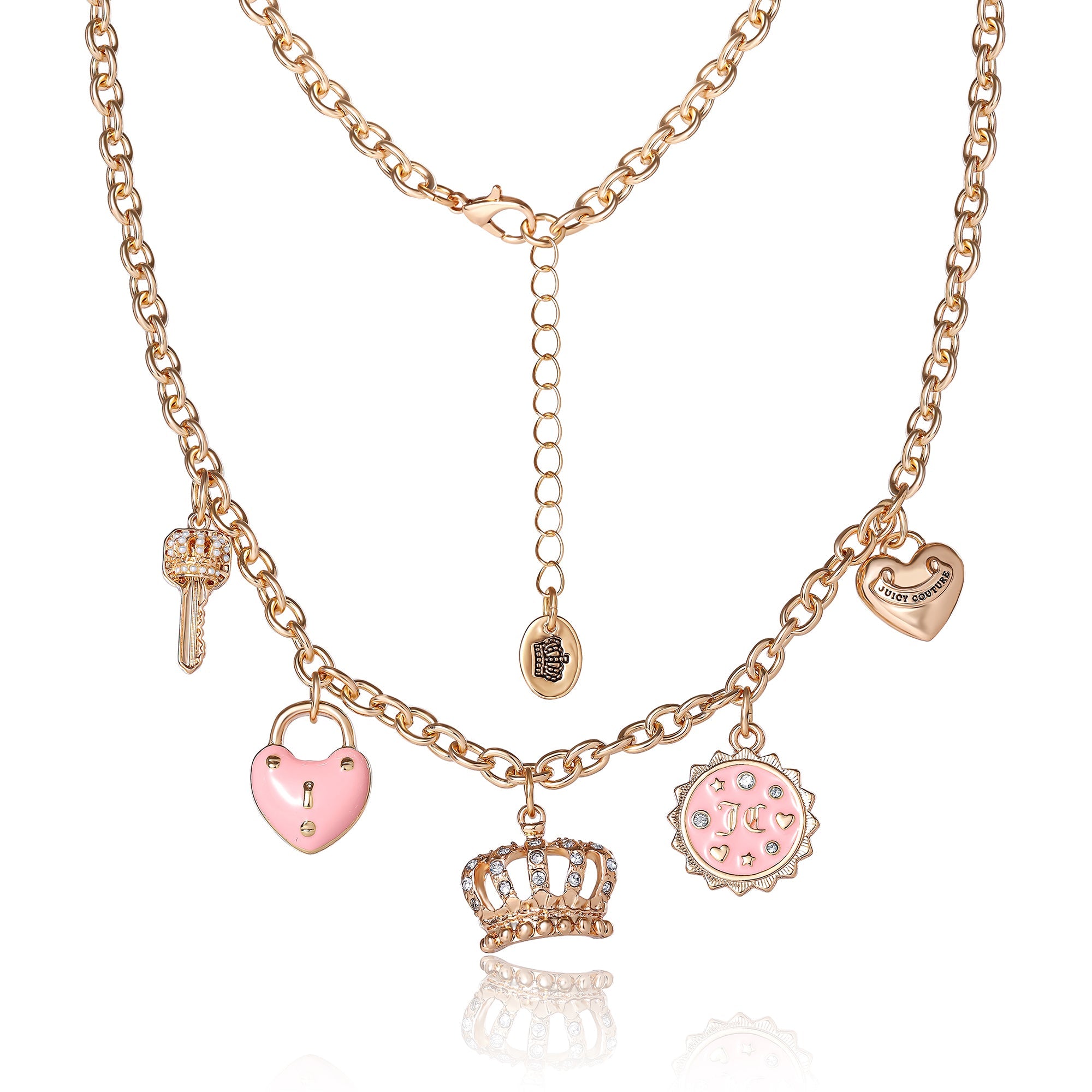Goldtone Charm Necklace with Pink Enamel Accents and Crystal