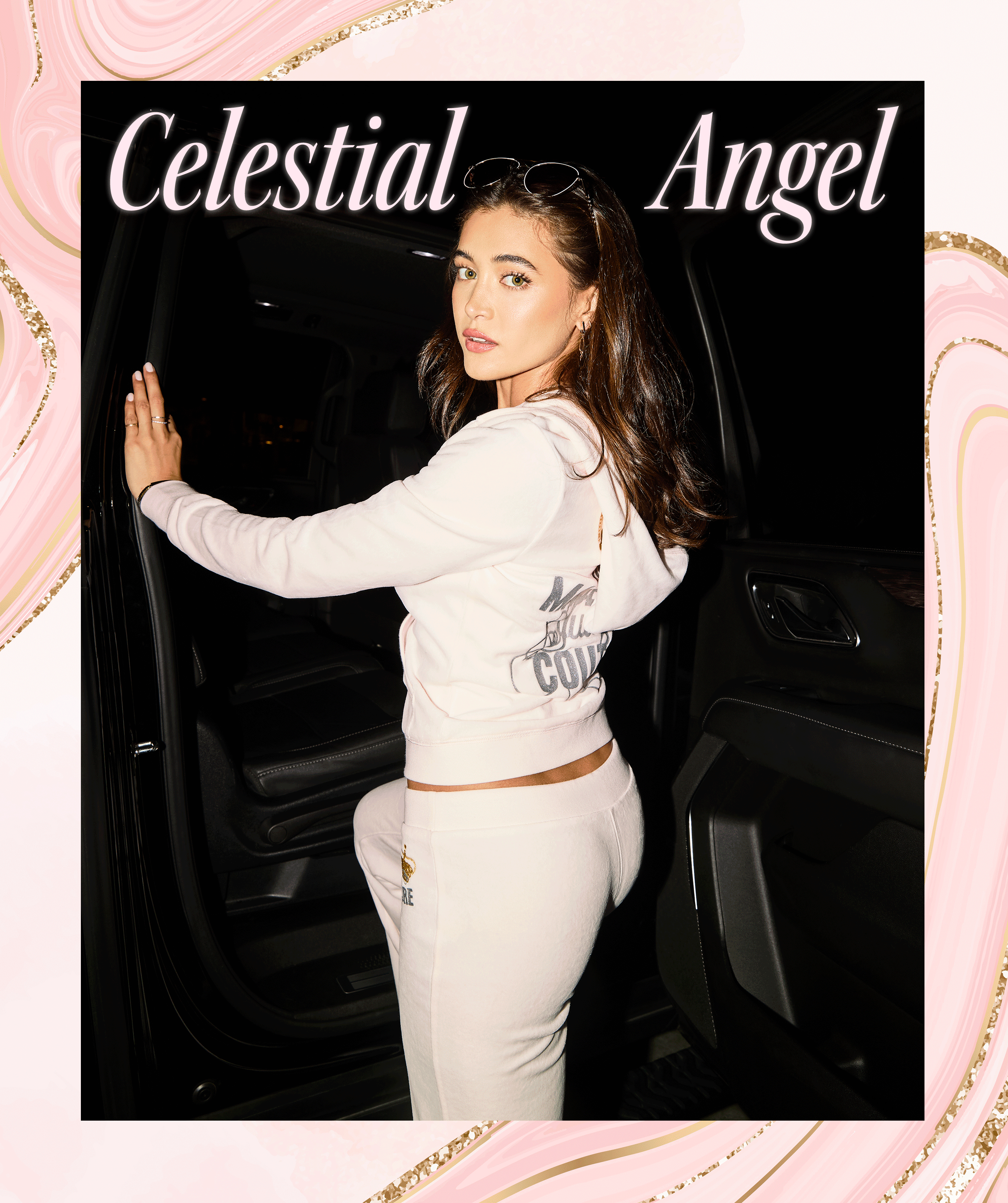 GIF of woman in light blue and light beige Juicy Couture tracksuits on city street at night, with the text "Celestial Angel"