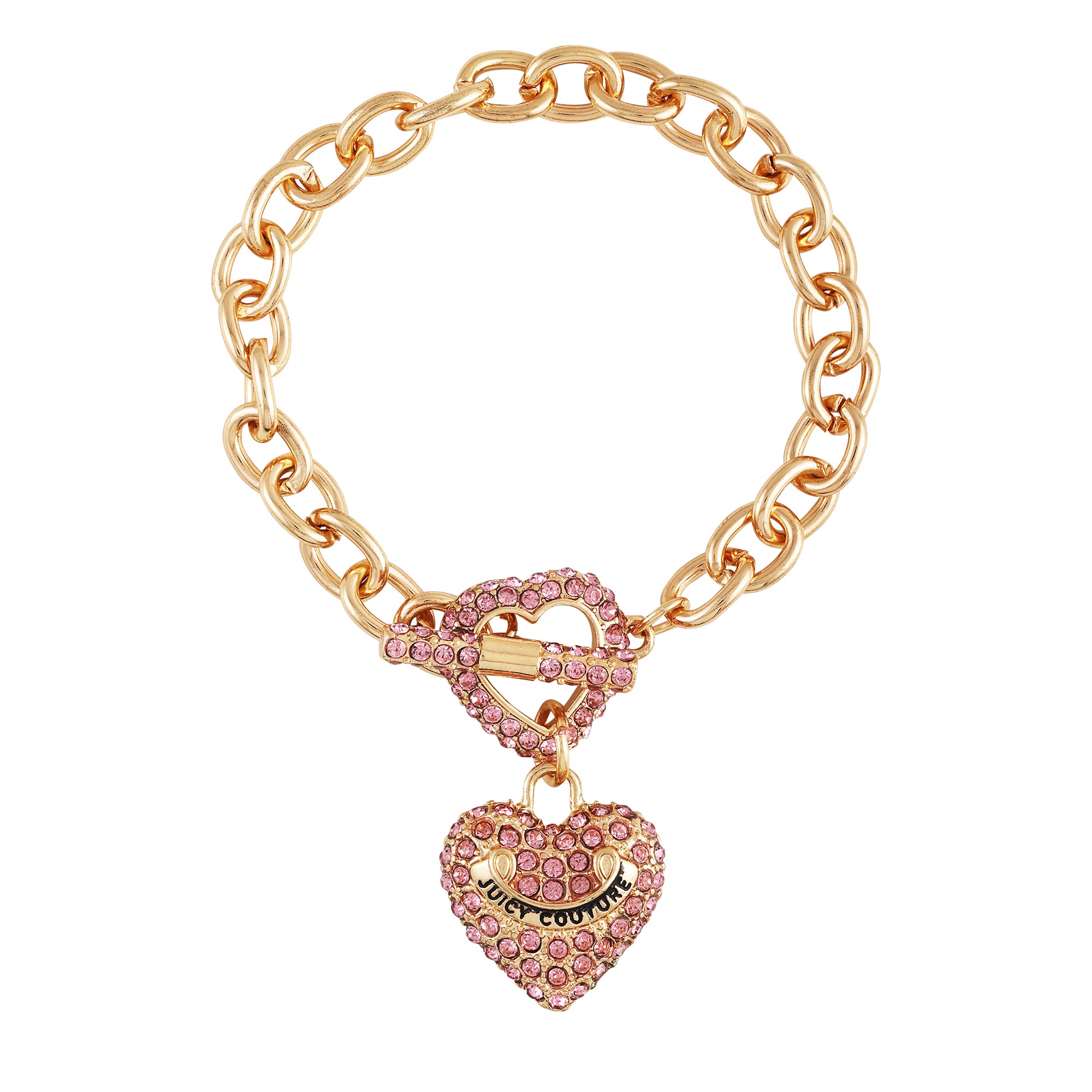 Juicy Couture Goldtone Pave Heart Black Leather Bangle Bracelet in Metallic
