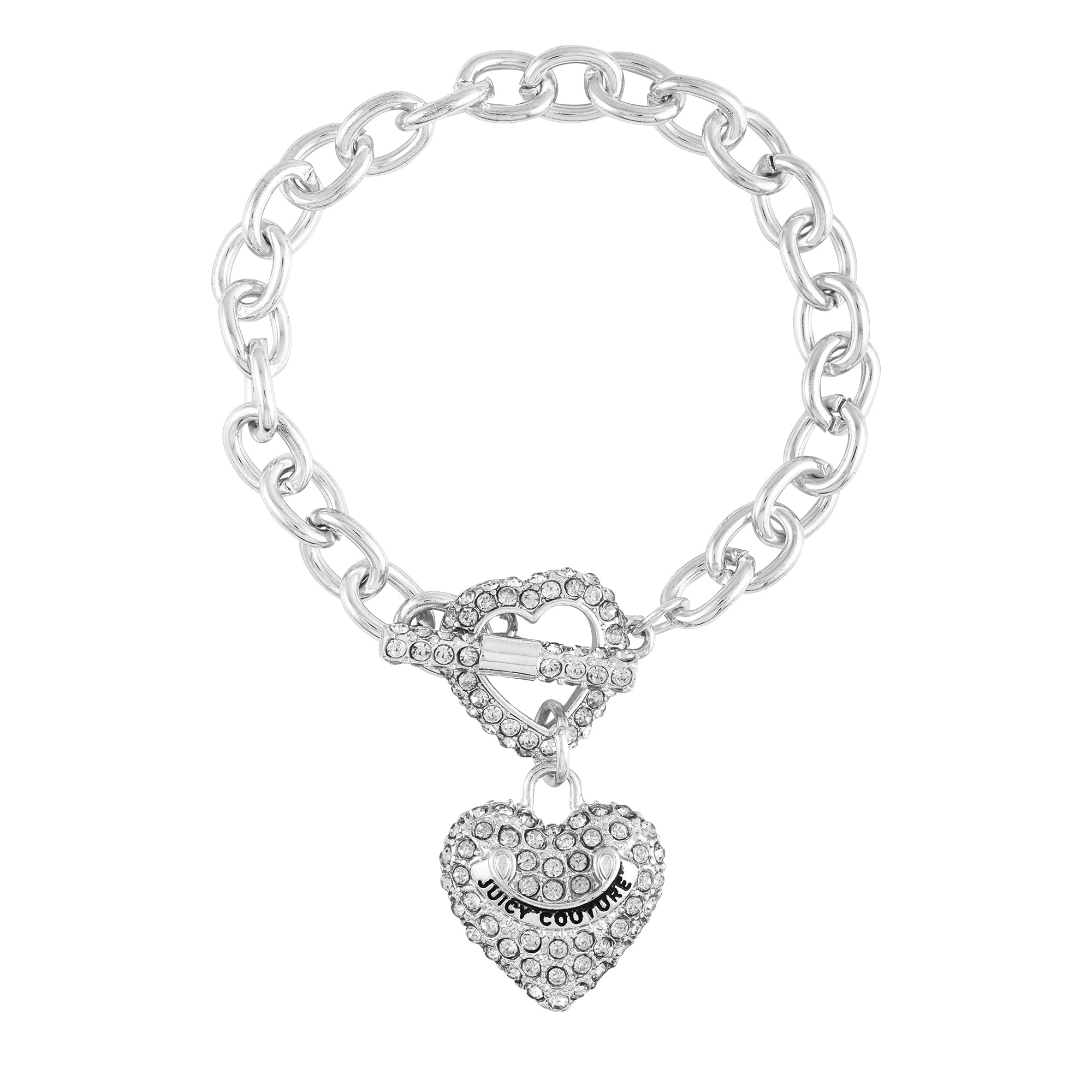 Juicy Couture / Silver Tone / Charm Bracelet / Heart Charm / Faux Locket /  Oval Link / Textured Links / 7.50 Inch / Spring Ring Closure / -  Israel