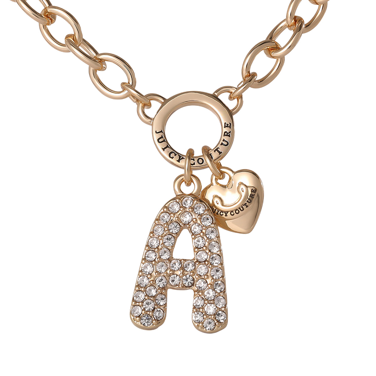 Introducing the Bubble Initial Necklace, Letter A: This gold chain necklace features a bold bubble letter “A” charm encrusted with sparkling crystals for that iconic Y2K aesthetic. A petite gold heart charm, engraved with Juicy Couture, adds a whimsical accent. Both charms hang gracefully from a round link on the necklace, creating a personalized and playful piece of jewelry.