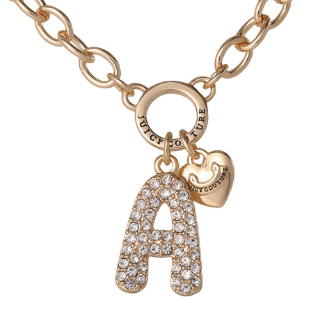 Introducing the Bubble Initial Necklace, Letter A: This gold chain necklace features a bold bubble letter “A” charm encrusted with sparkling crystals for that iconic Y2K aesthetic. A petite gold heart charm, engraved with Juicy Couture, adds a whimsical accent. Both charms hang gracefully from a round link on the necklace, creating a personalized and playful piece of jewelry.