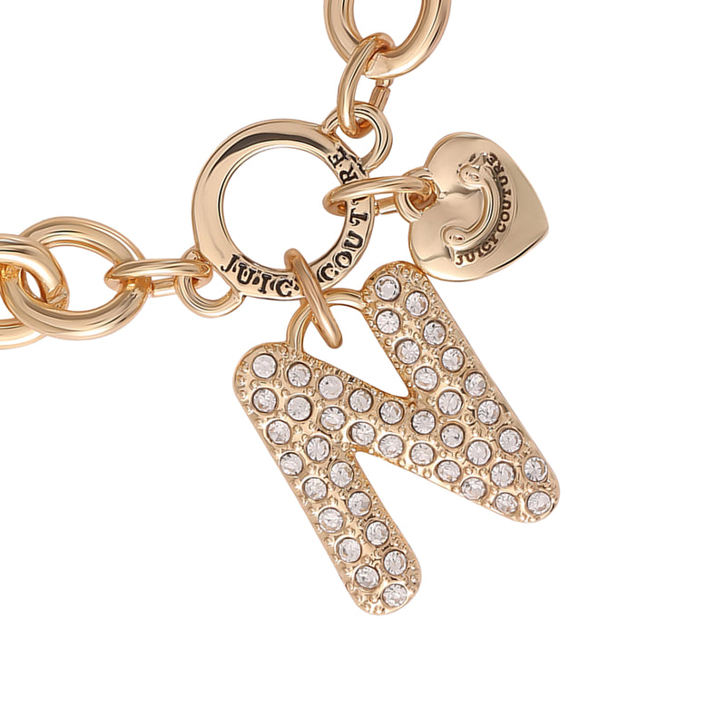 The Pavé Initial Charm Bracelet, Letter N features a chunky gold chain adorned with a sparkling pavé letter N charm and a small gold heart charm engraved with the Juicy Couture logo—an iconic piece to elevate your jewelry collection.