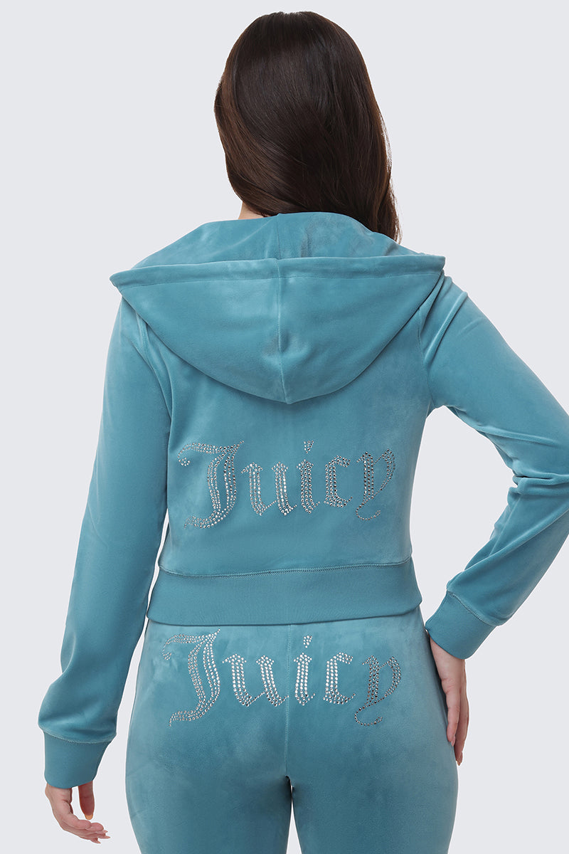 OG Big Bling Velour Hoodie in blue, featuring a gothic pull zipper, thumbholes, and matching pants with Juicy in rhinestones on the back.