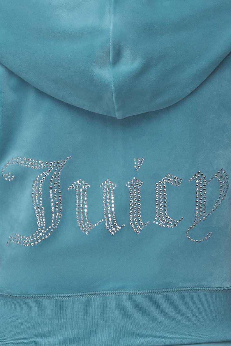 OG Big Bling Velour Hoodie in blue, featuring the word Juicy spelled out in rhinestones on the back.