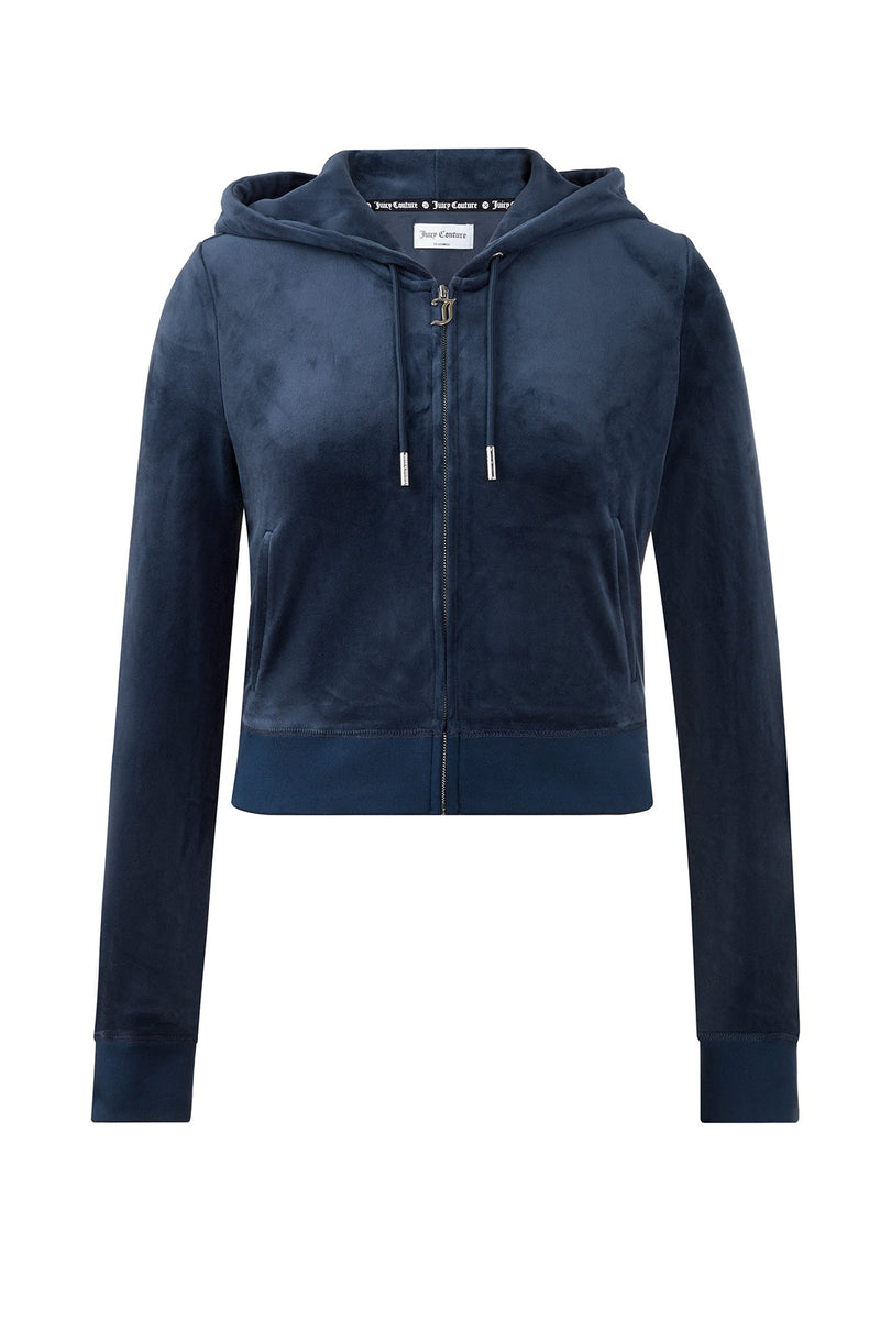 The OG Big Bling Velour Hoodie in navy blue features a zip-up front with gothic J pull, long sleeves, drawstring hood, and ribbed cuffs and hem. Displayed on a plain white background.