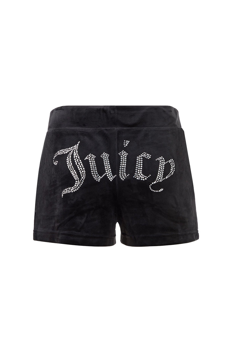 Big Bling Velour Track Shorts featuring side pockets and "Juicy" spelled out in large rhinestone letters across the back.