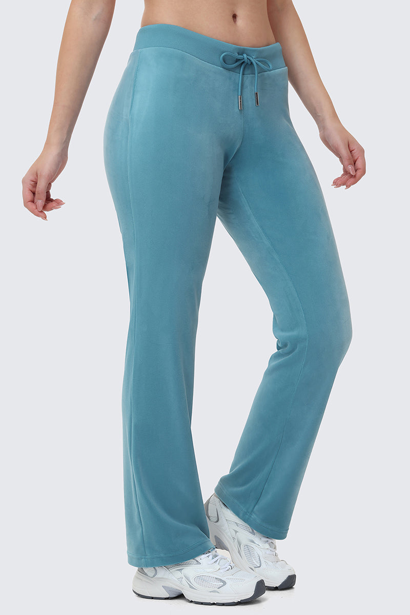 Teal Y2K OG Big Bling Velour Track Pants with a drawstring waistband.
