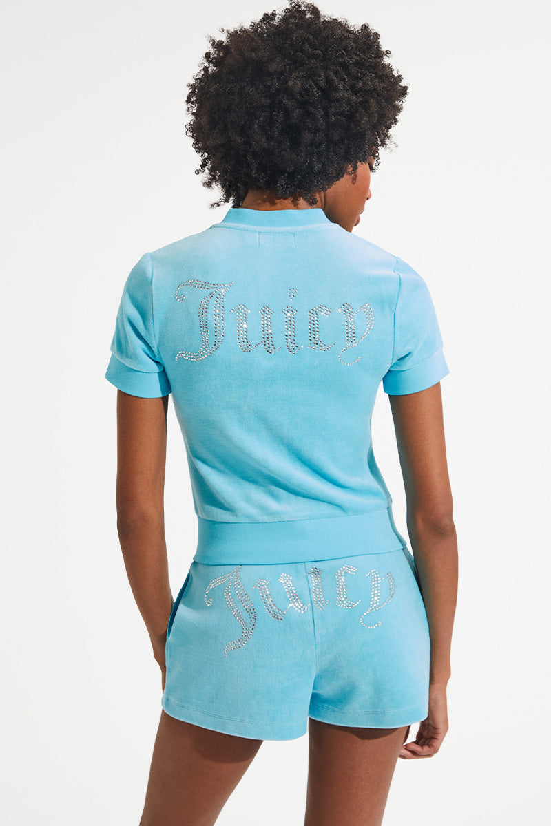 Short Sleeve Big Bling Cotton Velour Zip-Up - Juicy Couture