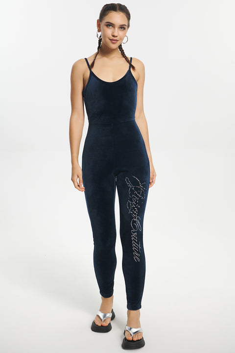 Strappy Script Velour Jumpsuit - Regal Blue - Juicy Couture
