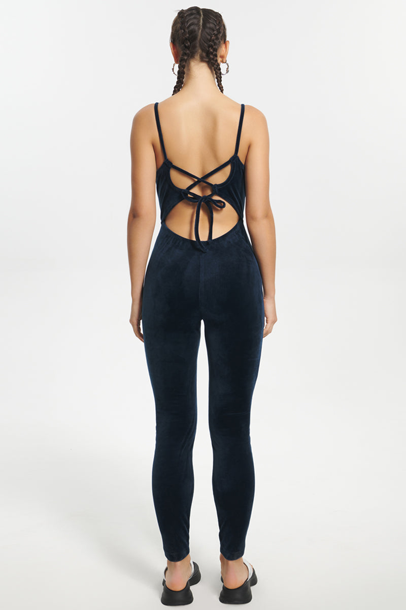 Strappy Script Velour Jumpsuit - Regal Blue - Juicy Couture
