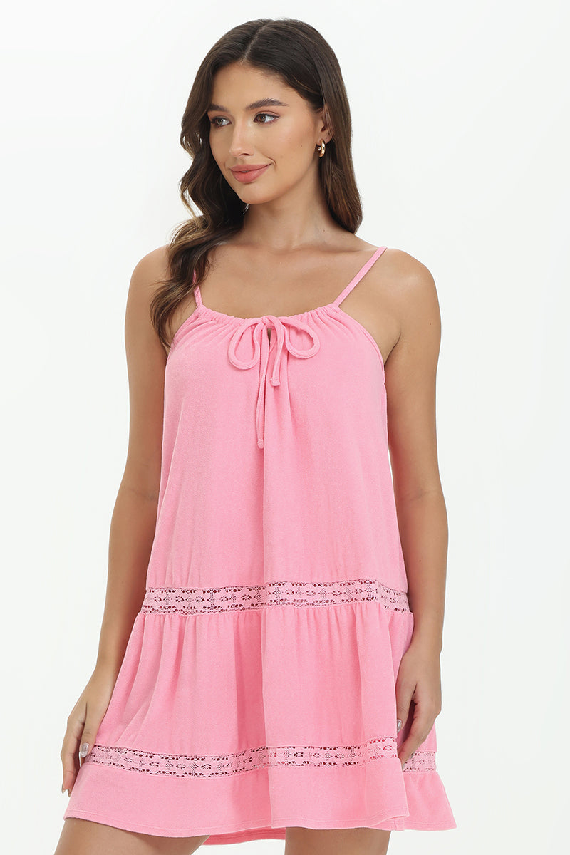 Towel Terry Lace Trim Tiered Dress