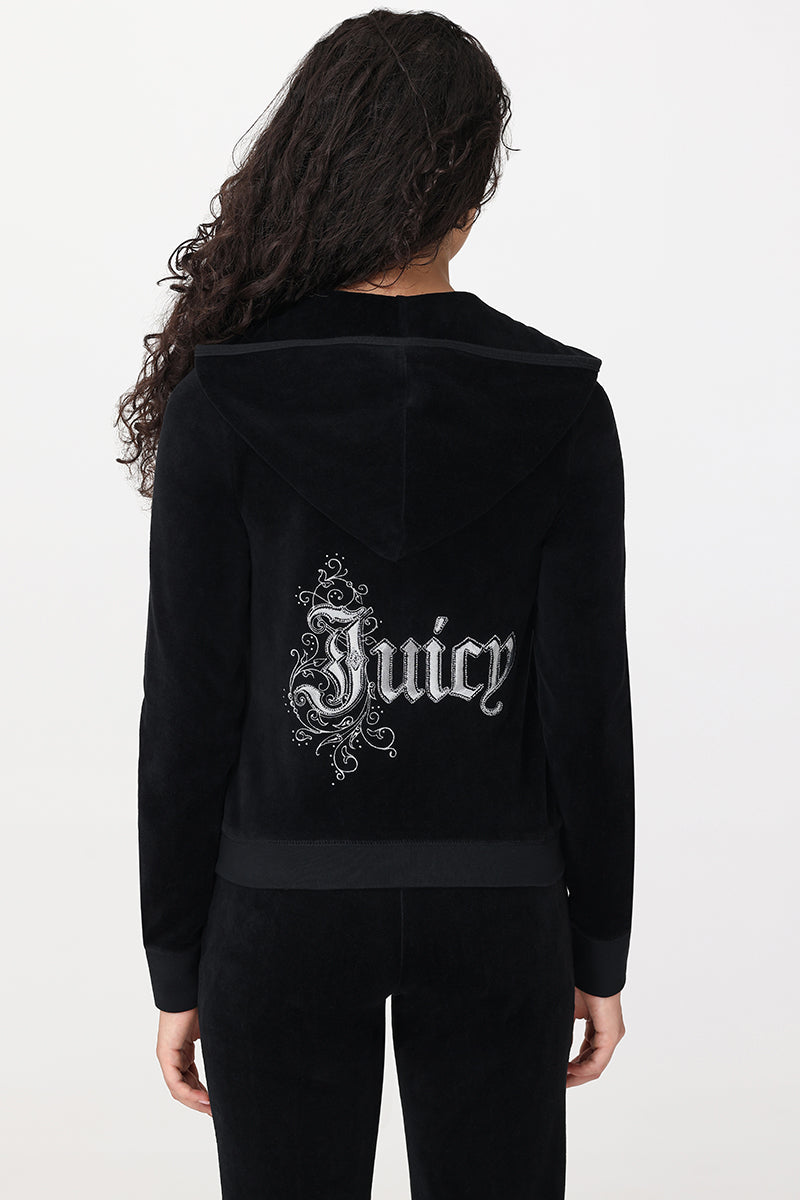 Monogram Heritage Cotton Velour Hoodie - Liquorice - Juicy Couture