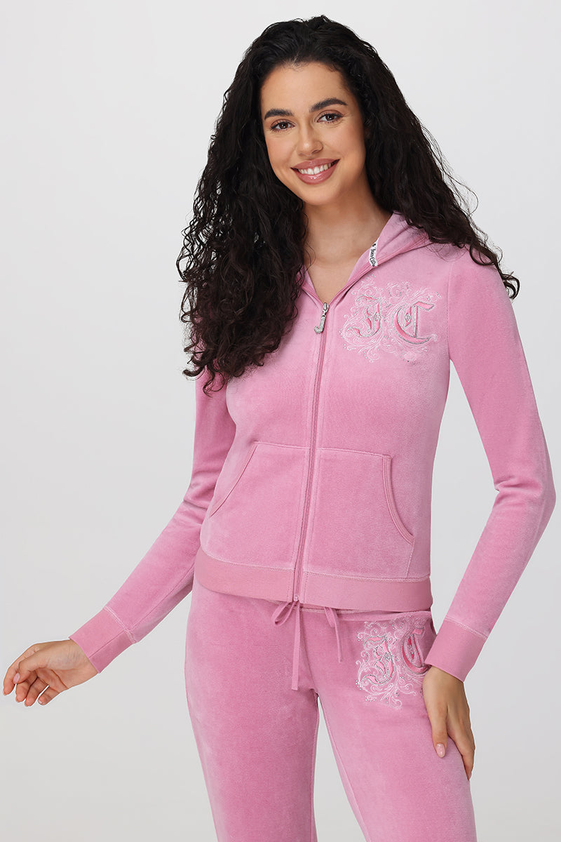 Monogram Heritage Cotton Velour Hoodie - Rose - Juicy Couture