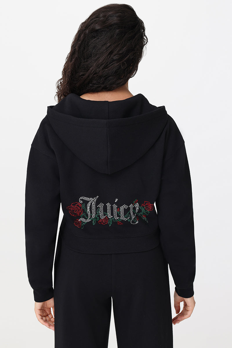 Roses Cropped Zip Front Hoodie - Liquorice - Juicy Couture