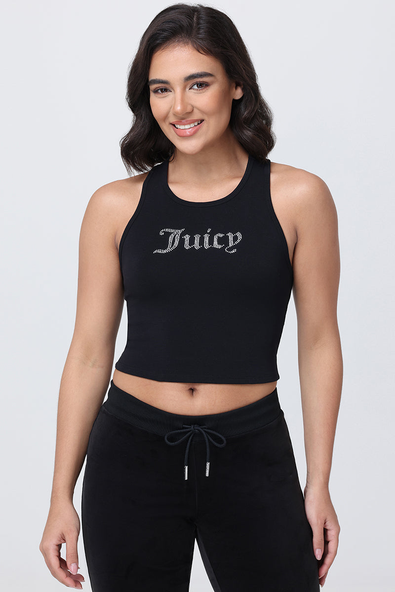 A woman wearing a black Small Bling High Neck Crop Tank featuring the word Juicy in sparkling embellishments.