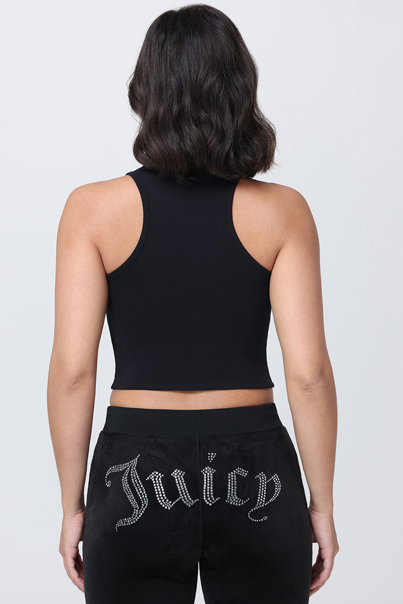 Back view of a person wearing a black, high-neck Small Bling High Neck Crop Tank with sparkling embellishments.