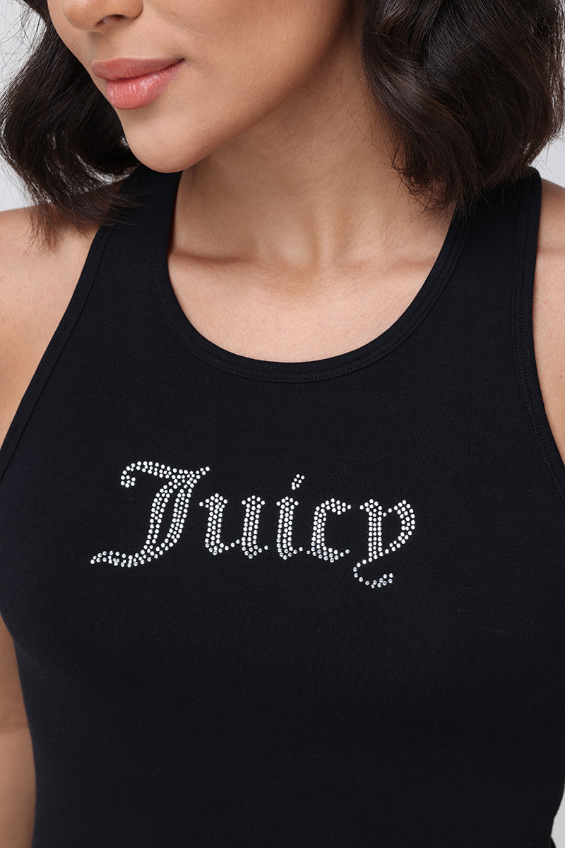 Black Small Bling High Neck Crop Tank with a high neck, sleeveless cut, and the word Juicy spelled out in rhinestones across the chest.