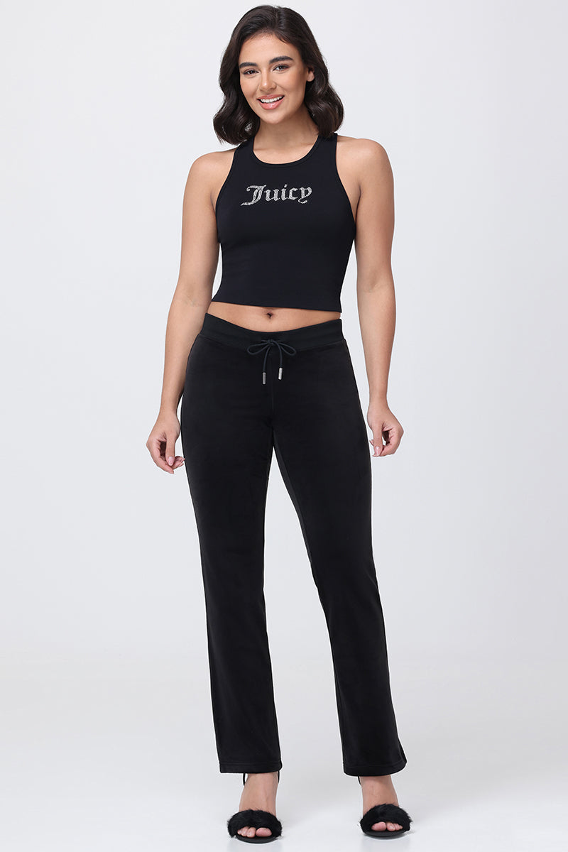 A person wearing a black Small Bling High Neck Crop Tank with sparkling Juicy embellishments and matching black drawstring pants.