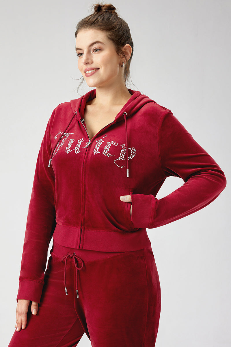 Plus-Size Front Mixed Crystals Velour Hoodie