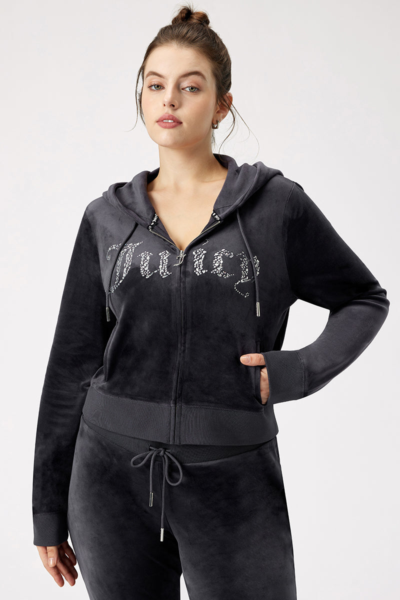 Plus-Size Front Mixed Crystals Velour Hoodie - Titanium - Juicy Couture