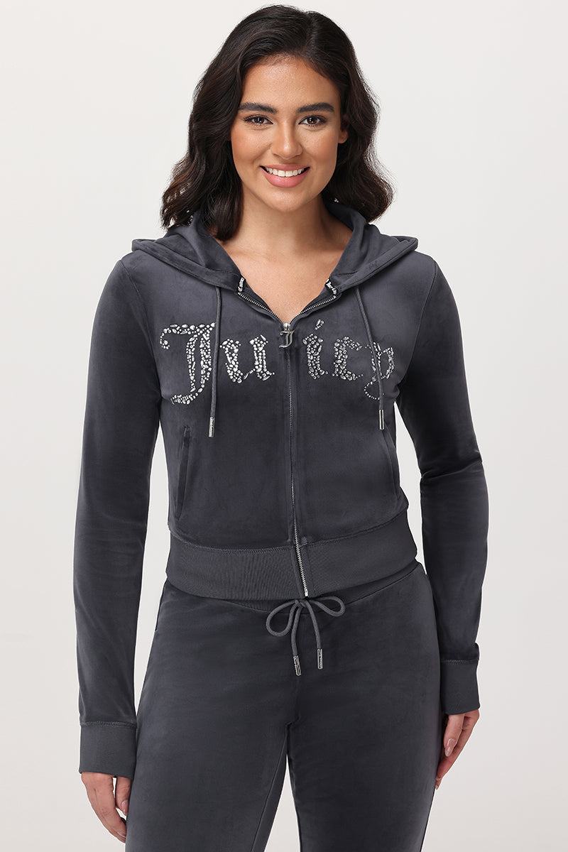 Front Mixed Crystals Velour Hoodie - Titanium - Juicy Couture