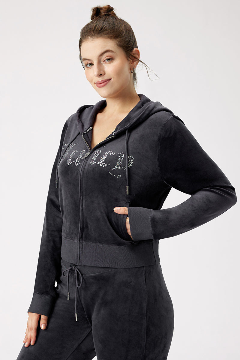 Plus-Size Front Mixed Crystals Velour Hoodie