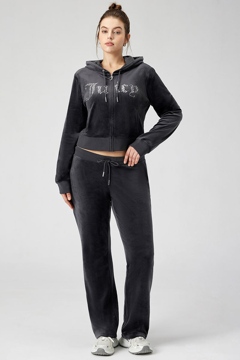 Plus-Size Front Mixed Crystals Velour Hoodie