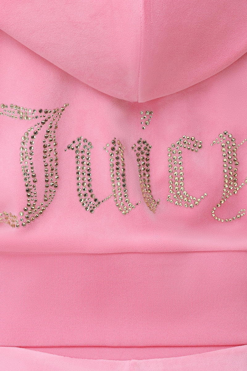 Close-up of the Scottie Big Bling Velour Hoodie in pink, with a zip front and "Juicy" spelled out in gold rhinestones across the back in a decorative bling logo font.