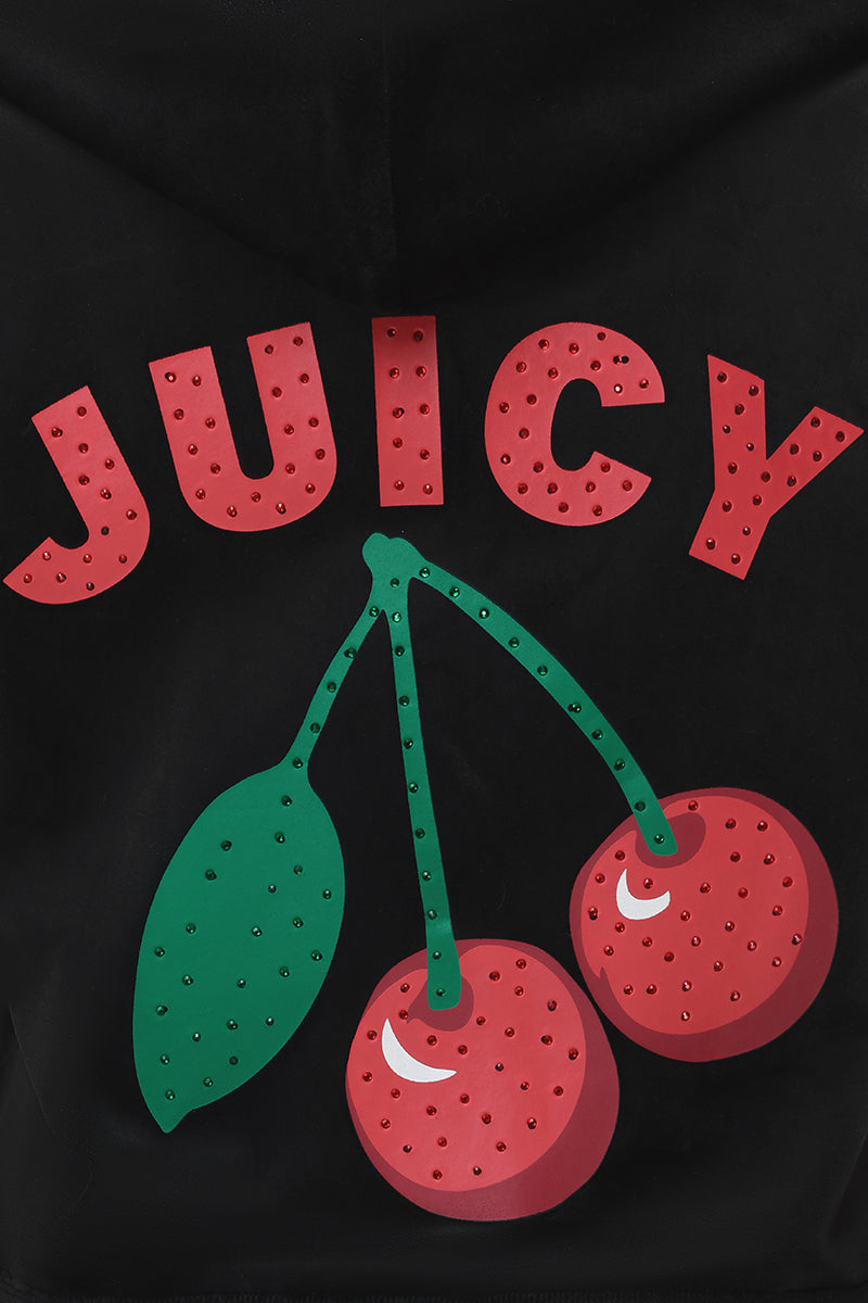 The Cherry Bling Velour Hoodie features a bold JUICY logo above rhinestone-studded cherries with green stems and a leaf, all on a black background—perfect for adding sparkle to your style.