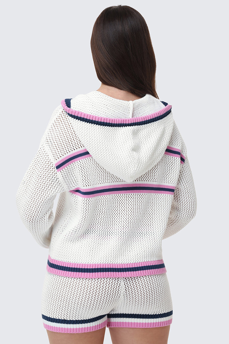 A person with long brown hair is seen from behind wearing the Mesh Zip-Up Hoodie and matching shorts featuring pink, purple, and navy blue stripes—a comfy, sporty outfit ideal for relaxed days.
