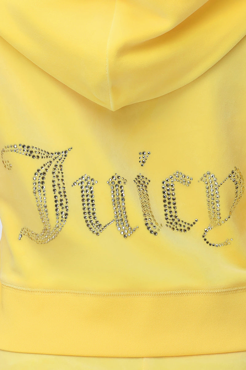 The OG Big Bling Velour Hoodie is a yellow velour hoodie featuring "Juicy" spelled out in silver rhinestones on the back for a signature touch.