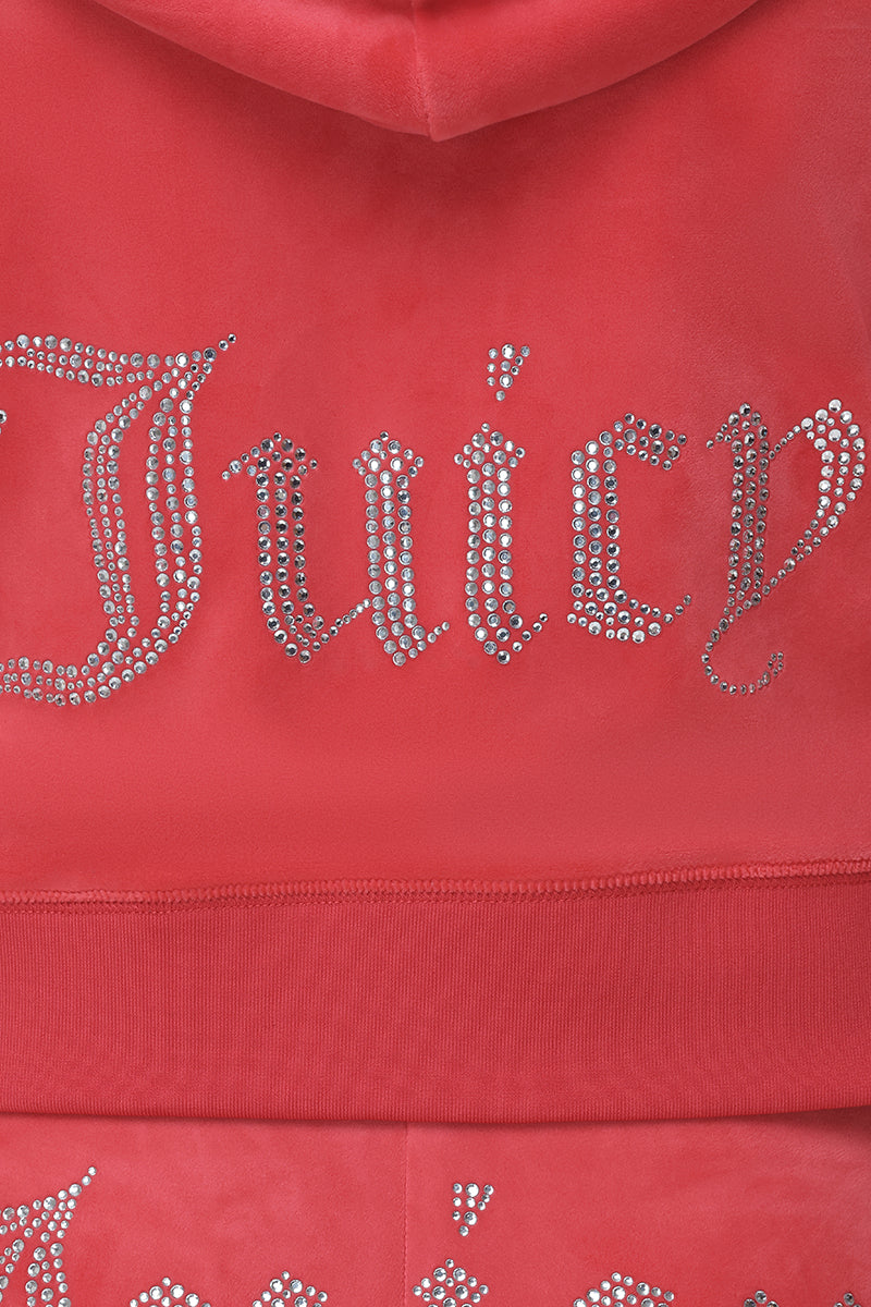 Close-up of the OG Big Bling Velour Hoodie in red, featuring "Juicy" in large, sparkling rhinestone embellishments in a decorative script font for a luxe twist.