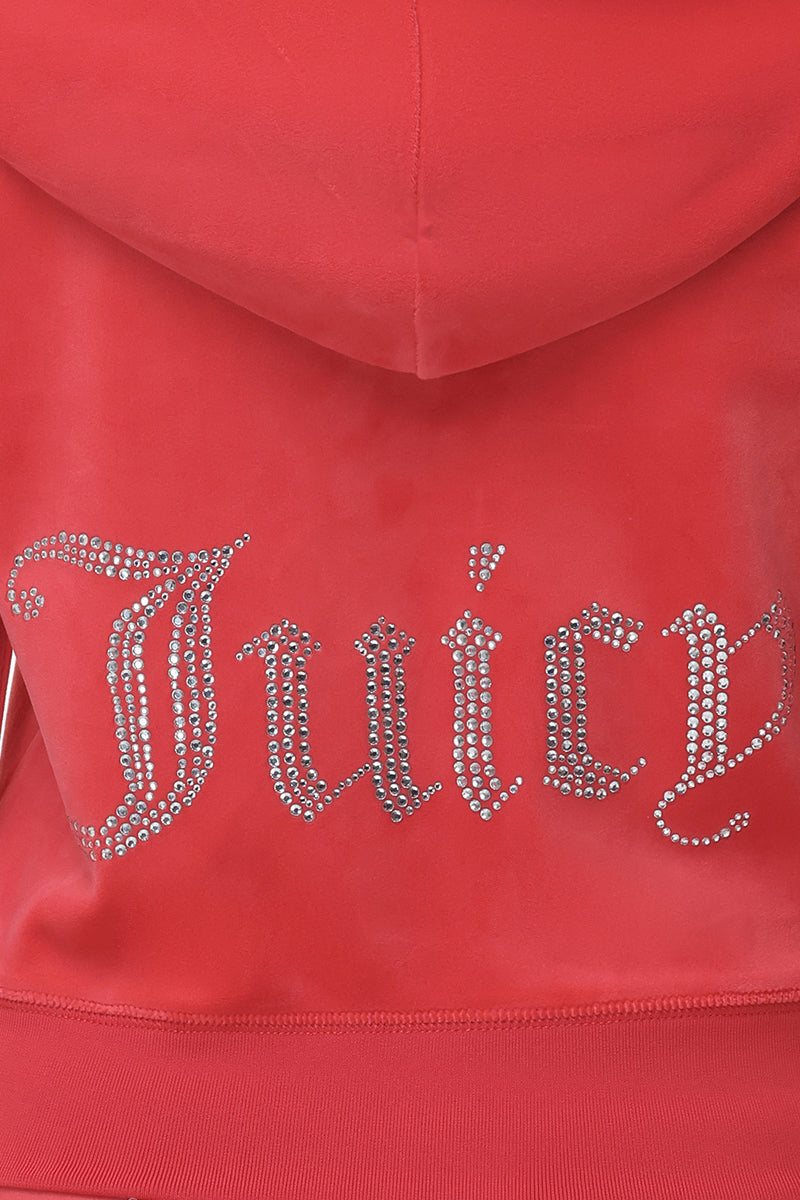 A close-up of the OG Big Bling Velour Hoodie featuring "Juicy" in silver rhinestones across the back in a decorative Old English-style font.