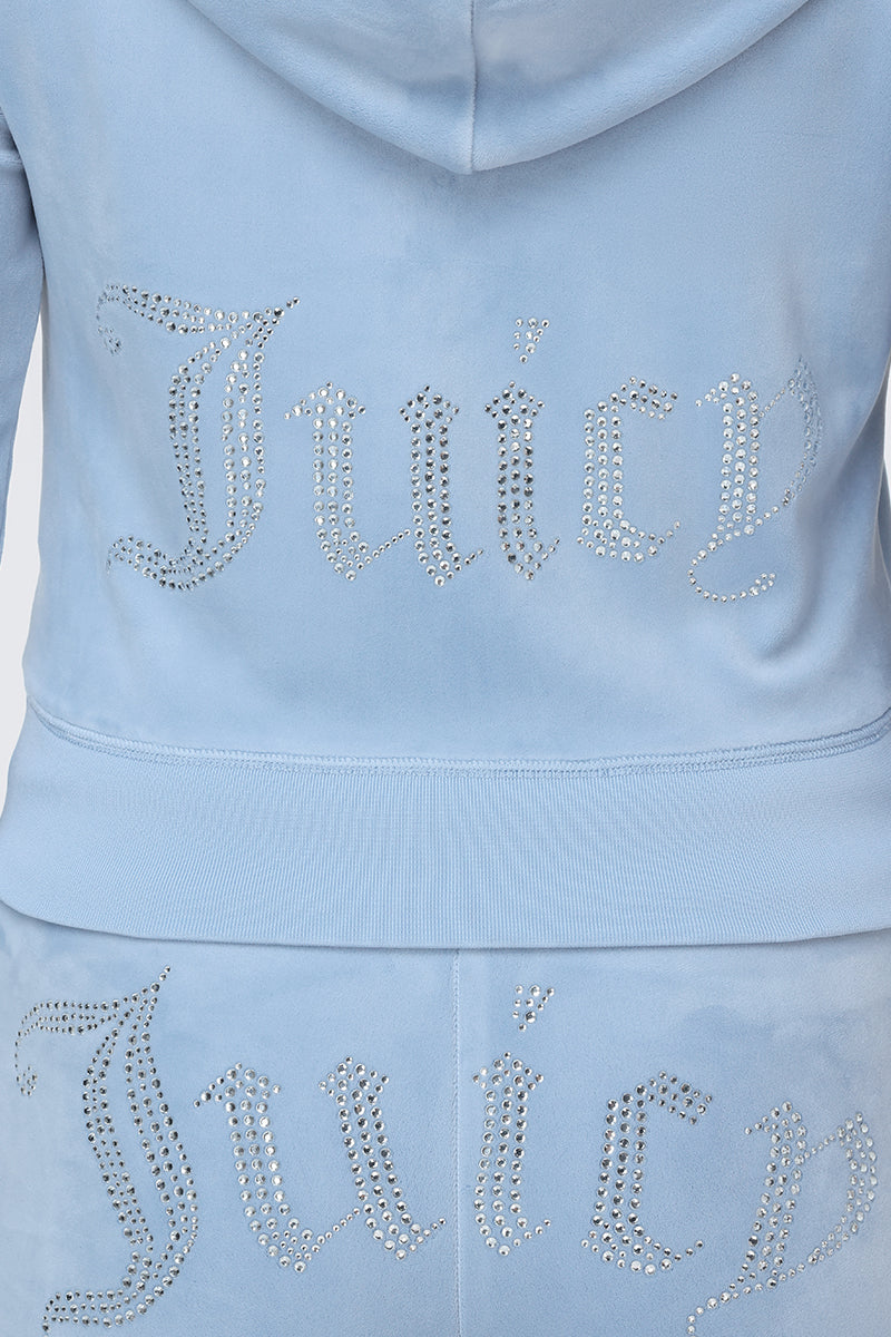 Back view of the Plus-Size OG Big Bling Velour Hoodie in light blue, showcasing the iconic Juicy logo spelled out in rhinestones on the back, perfectly capturing the playful Y2K vibe.