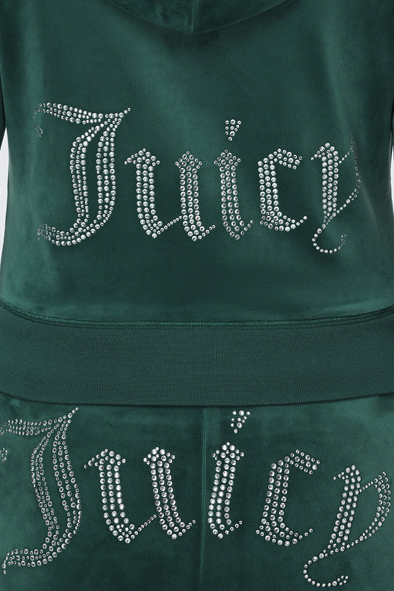 Close-up of the OG Big Bling Velour Hoodie in green velour, showcasing a bold rhinestone Juicy logo spelling out “Juicy” across the back—a must-have Y2K statement piece.