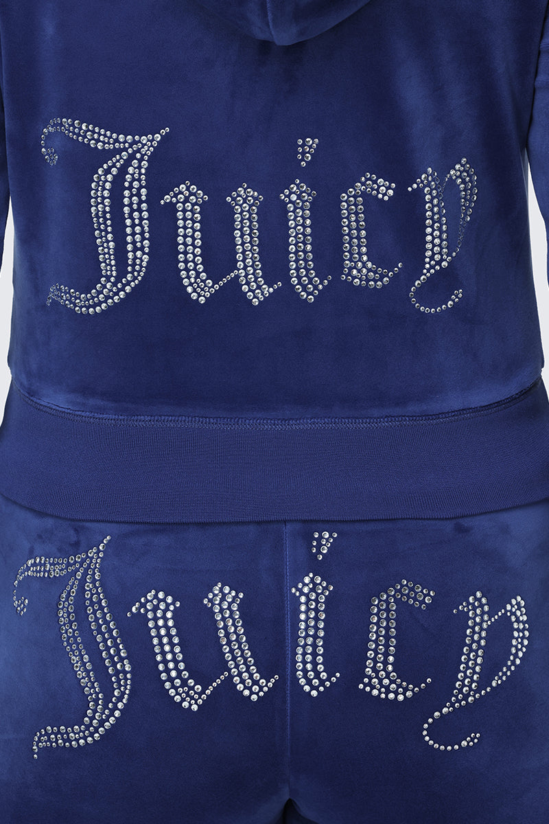 Back view of the Plus-Size OG Big Bling Velour Hoodie in blue, featuring a rhinestone Juicy logo bedazzled across the jacket and pants for that iconic Y2K vibe.