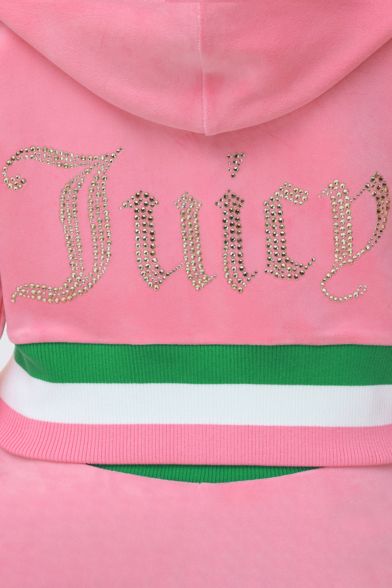 juicy couture pink and green striped dress Heritage Stripe Bling Velour Zip Hoodie Hot Hot / L Color:#17-Ice Apricot Burgundy Knit Mock Neck This zip hoodie features model-BeatrizMartinello