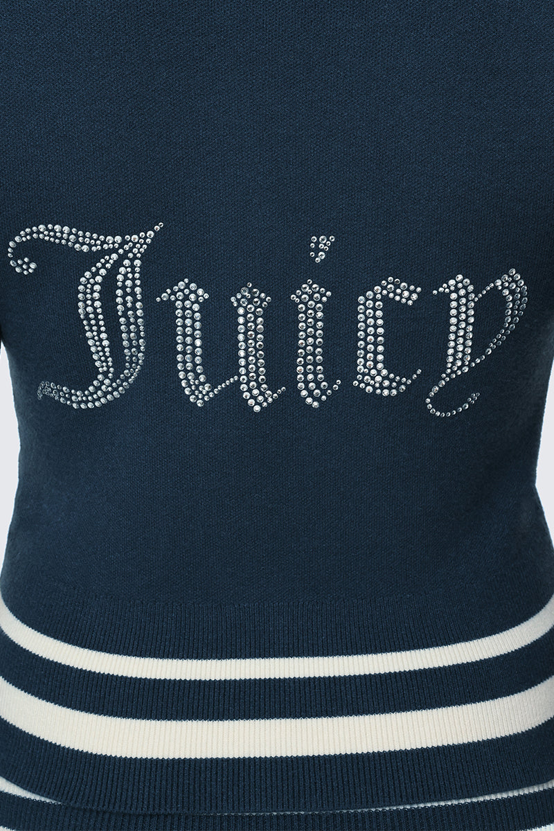 Introducing the Big Bling Knit Jacket: a navy blue sporty fabric jacket adorned with a striking Juicy logo spelled out in silver rhinestones, accented by white horizontal stripes for a timeless look.