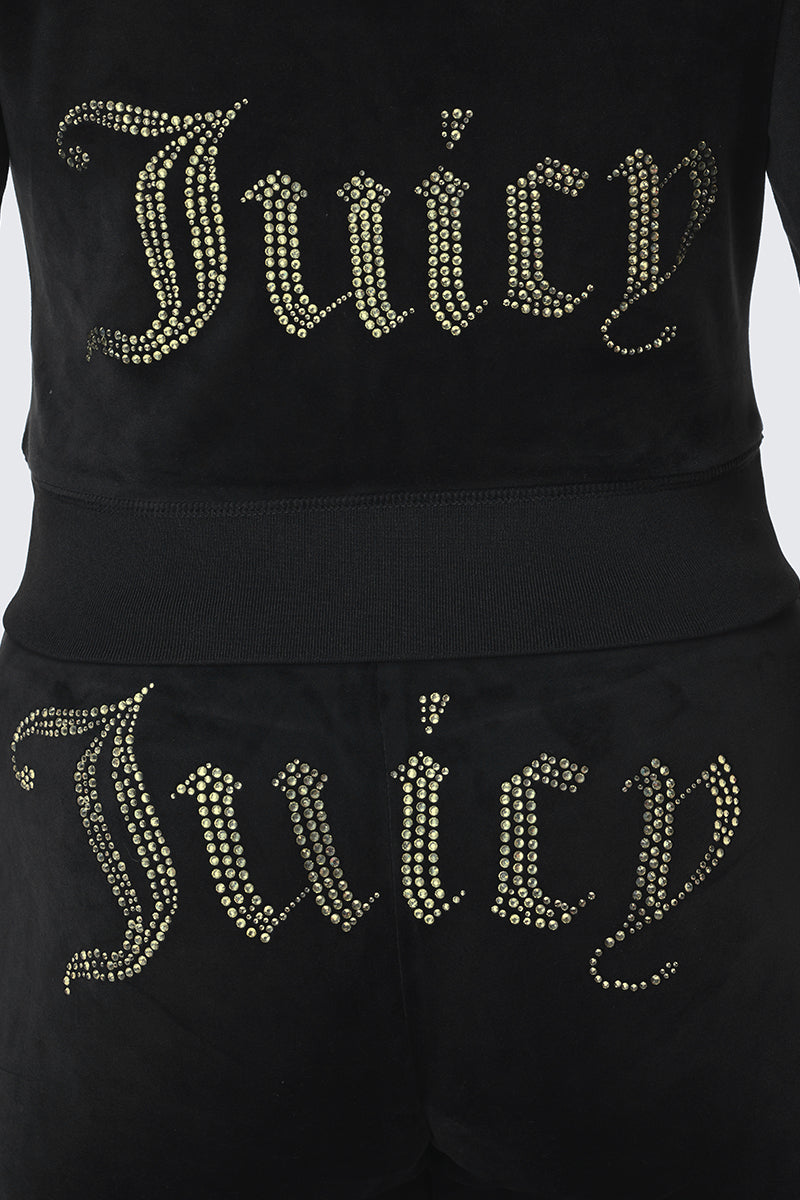 OG Big Bling Ribbon Hoodie in black velvet, featuring matching pants, gold rhinestone Juicy lettering, and ribbon ties.
