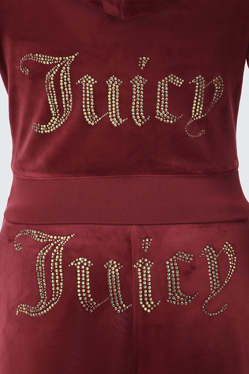 OG Big Bling Ribbon Hoodie in maroon velour, featuring matching pants and the word Juicy in gold rhinestones across the chest and back, finished with ribbon ties and an athletic style.