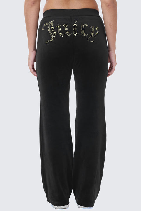 OG Big Bling Ribbon Track Pants in black velour, featuring bling accents and the word Juicy spelled out in gold rhinestones across the back.