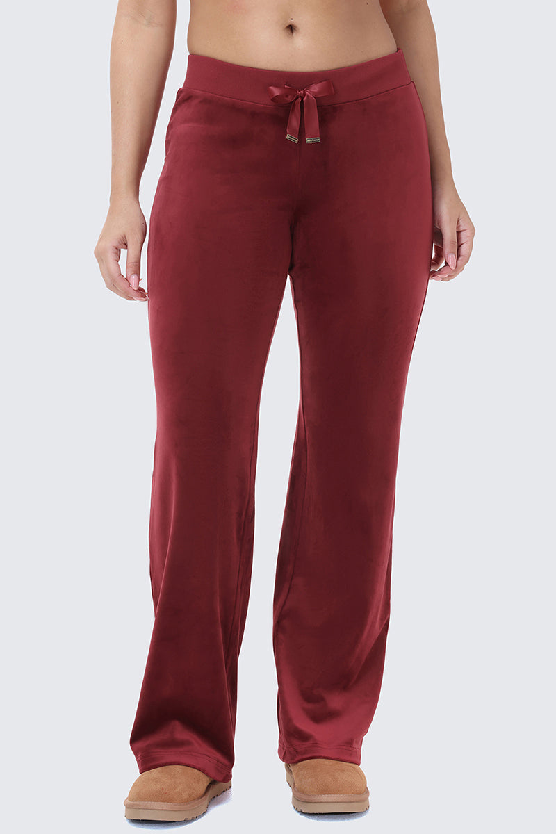 OG Big Bling Ribbon Track Pants in maroon velour, featuring ribbon details and a drawstring waistband with bling accents.