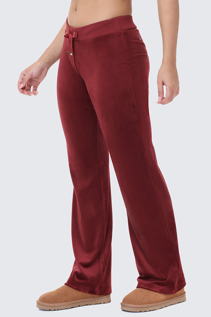 OG Big Bling Ribbon Track Pants in deep red with a drawstring waist, straight-leg fit, and ribbon details.